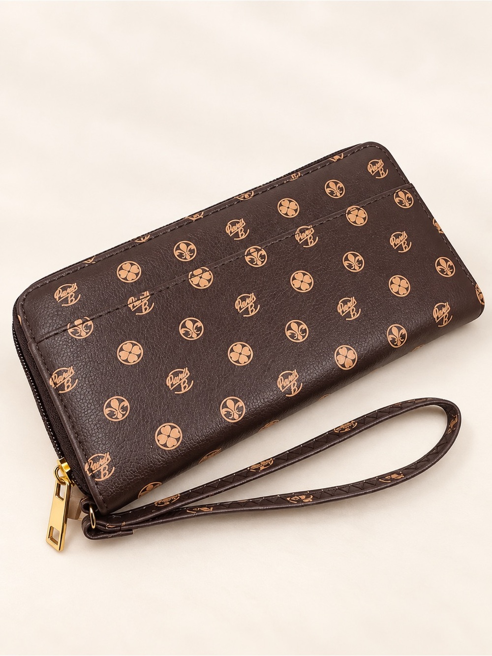 Brown Printed Faux Leather Zip Around Wristlet Wallet Organizer